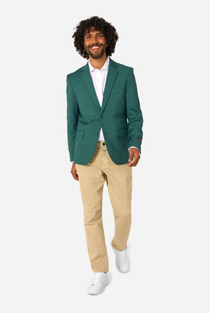 Man wearing a green blazer, white shirt, beige pants, and white shoes on a white background. Full body image