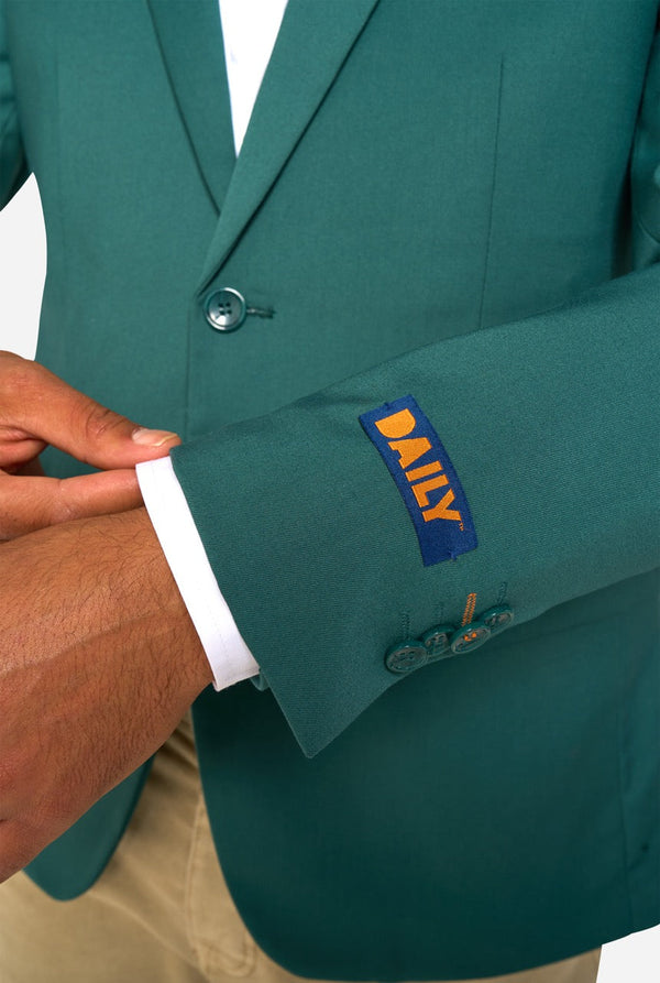 Green blazer with a Daily logo on the sleeve against a white background