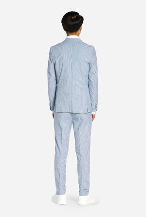 Teen wearing Casual suit with Seer Sucker design, view from the back