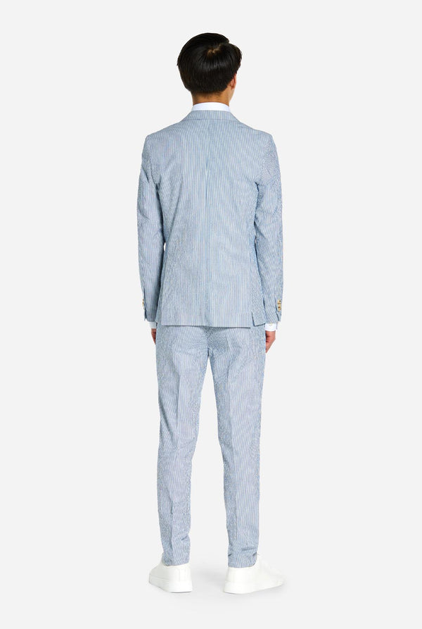 Teen wearing Casual suit with Seer Sucker design, view from the back