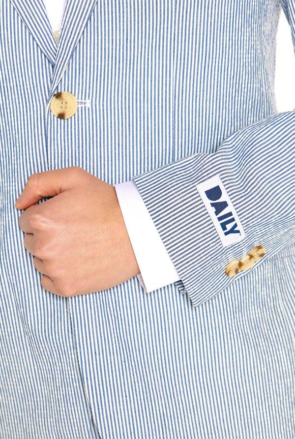 Teen wearing Casual suit with Seer Sucker design, close up