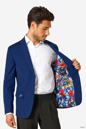 Man wearing a blue blazer with a colorful Sonic interior, standing against a white background