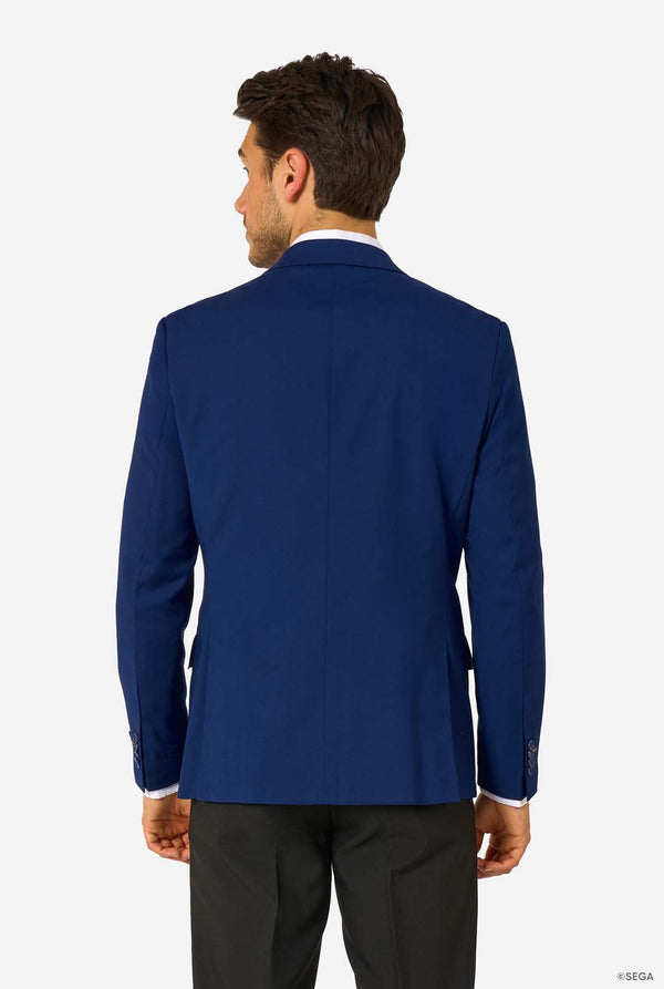 Man wearing a blue suit jacket on a white background. View from the back