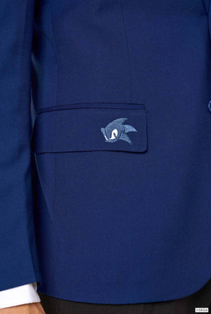 Close-up of a blue jacket with an embroidered Sonic logo on the chest pocket.