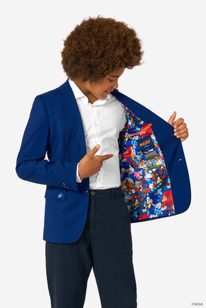 Person wearing a blue blazer with a colorful Sonic interior, standing against a white background