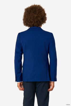 Person wearing a blue blazer from behind on a white background