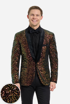 Man wearing a sequin tuxedo jacket with a close-up inset of the sequins.