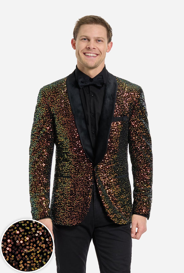 Man wearing a sequin tuxedo jacket with a close-up inset of the sequins.