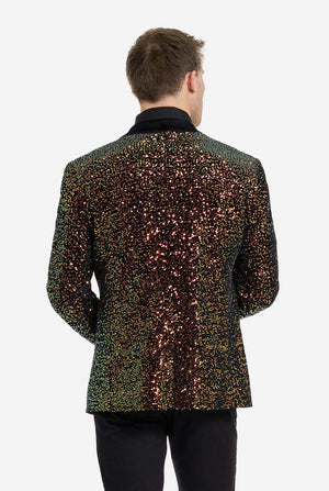 Man wearing a sequined jacket on a white background. View from the back