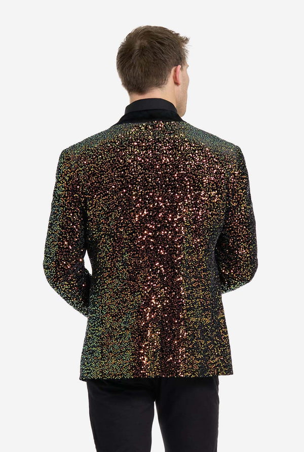 Man wearing a sequined jacket on a white background. View from the back