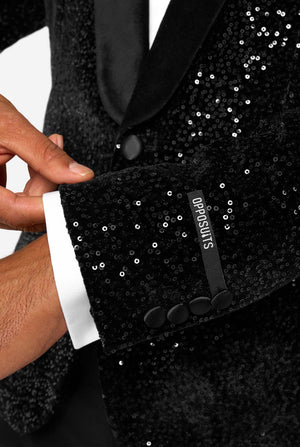 Black sequin jacket with the OppoSuits logo on a white background