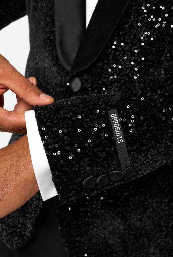 Black sequin jacket with the OppoSuits logo on a white background
