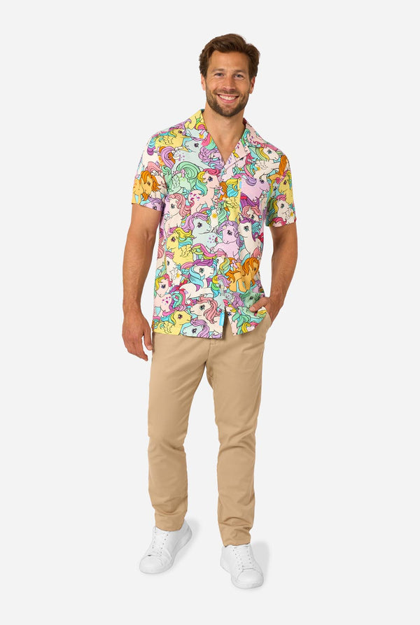 Man wearing a colorful My Little Pony patterned shirt and beige pants on a white background. Full body image.