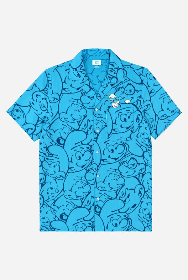 Blue shirt with Smurfs character pattern on a white background