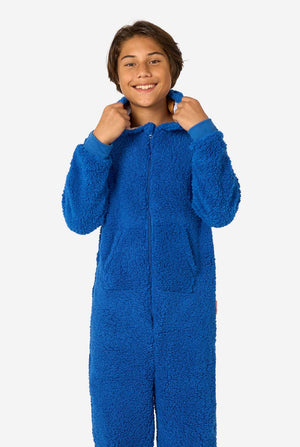 A kid is wearing a blue sesame street onesie resembling Cookie Monster. With the hood down.