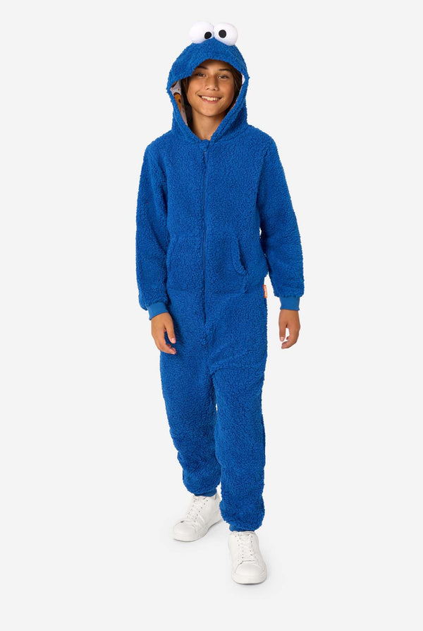 A kid is wearing a blue sesame street onesie resembling Cookie Monster. Full body image. 