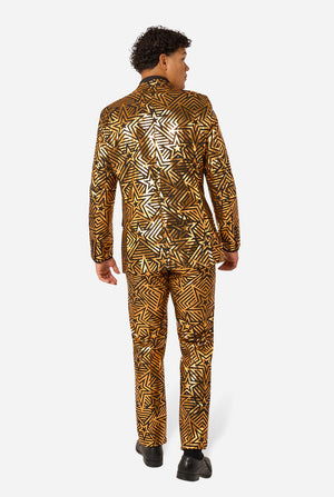 Men wearing golden suit with star print, View from the back
