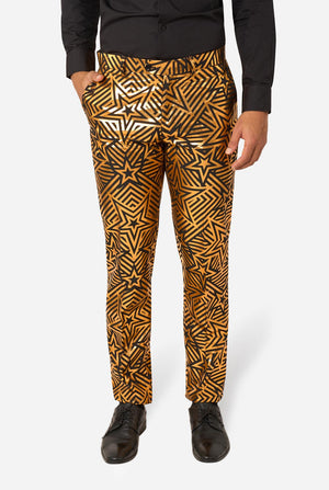 Person wearing black shirt and patterned pants on a white background