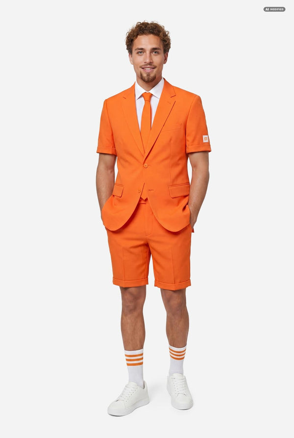 A man modeling a bright orange short-sleeve suit consisting of a blazer and matching shorts, paired with a white dress shirt and orange tie, against a light gray background. Full body image.