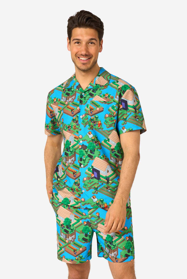 Man wearing a colorful patterned Minecraft summer set on a white background