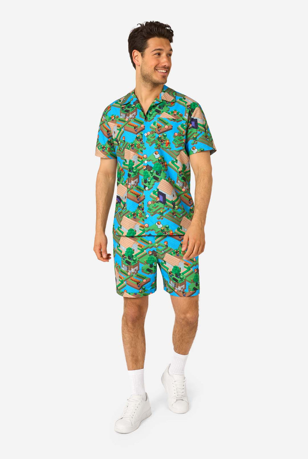 Man wearing a colorful patterned Minecraft summer set on a white background