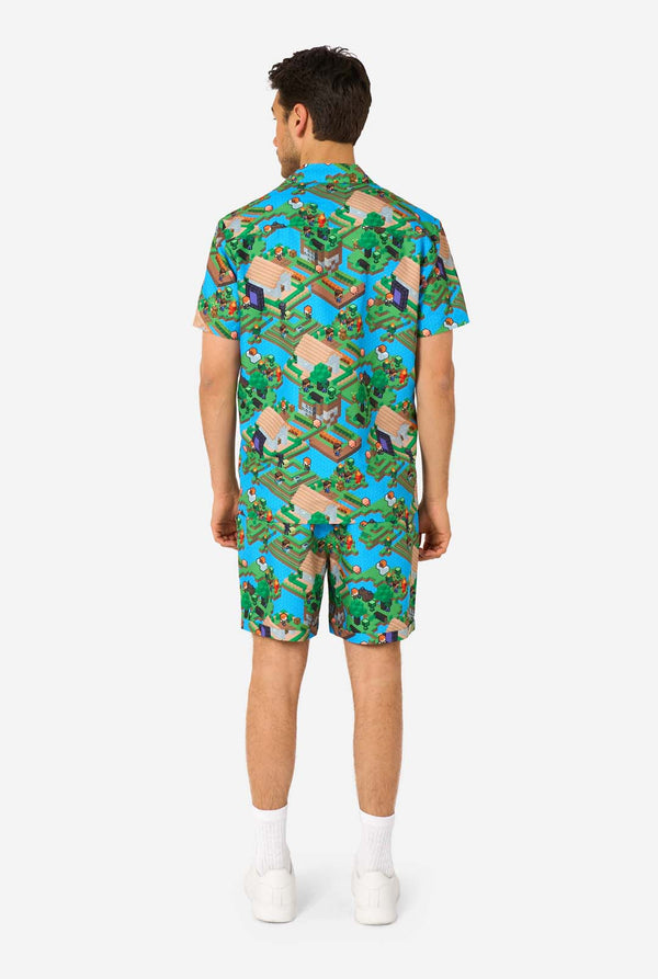 Person wearing a colorful patterned Minecraft summer set on a white background