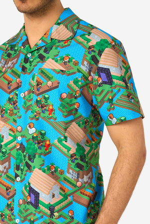 Short-sleeve shirt with pixelated Minecraft design on a white background
