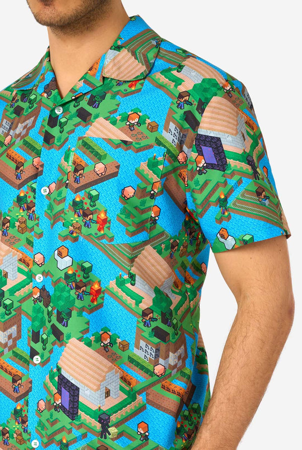 Short-sleeve shirt with pixelated Minecraft design on a white background