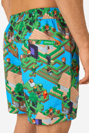 Minecraft-themed shorts with pixelated design on a plain background