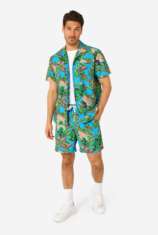 Man wearing a colorful patterned Minecraft summer set on a white background