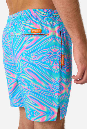 Colorful patterned Holoperfect swim shorts with brand logo on a white background