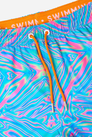Colorful swim shorts with a Holoperfect pattern and orange drawstrings on a white background.