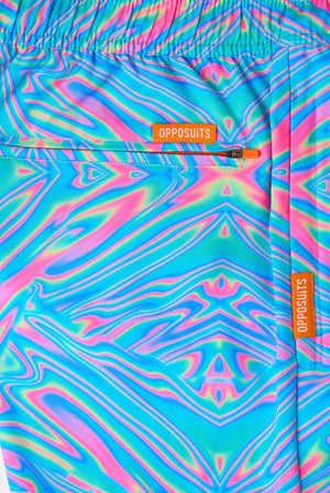 Colorful Holoperfect swim shorts with 'OPPOSUITS' branding on a matching bag.