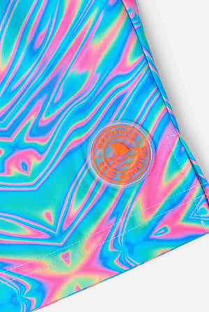 Colorful Holoperfect pattern with a circular logo in the center on a white background