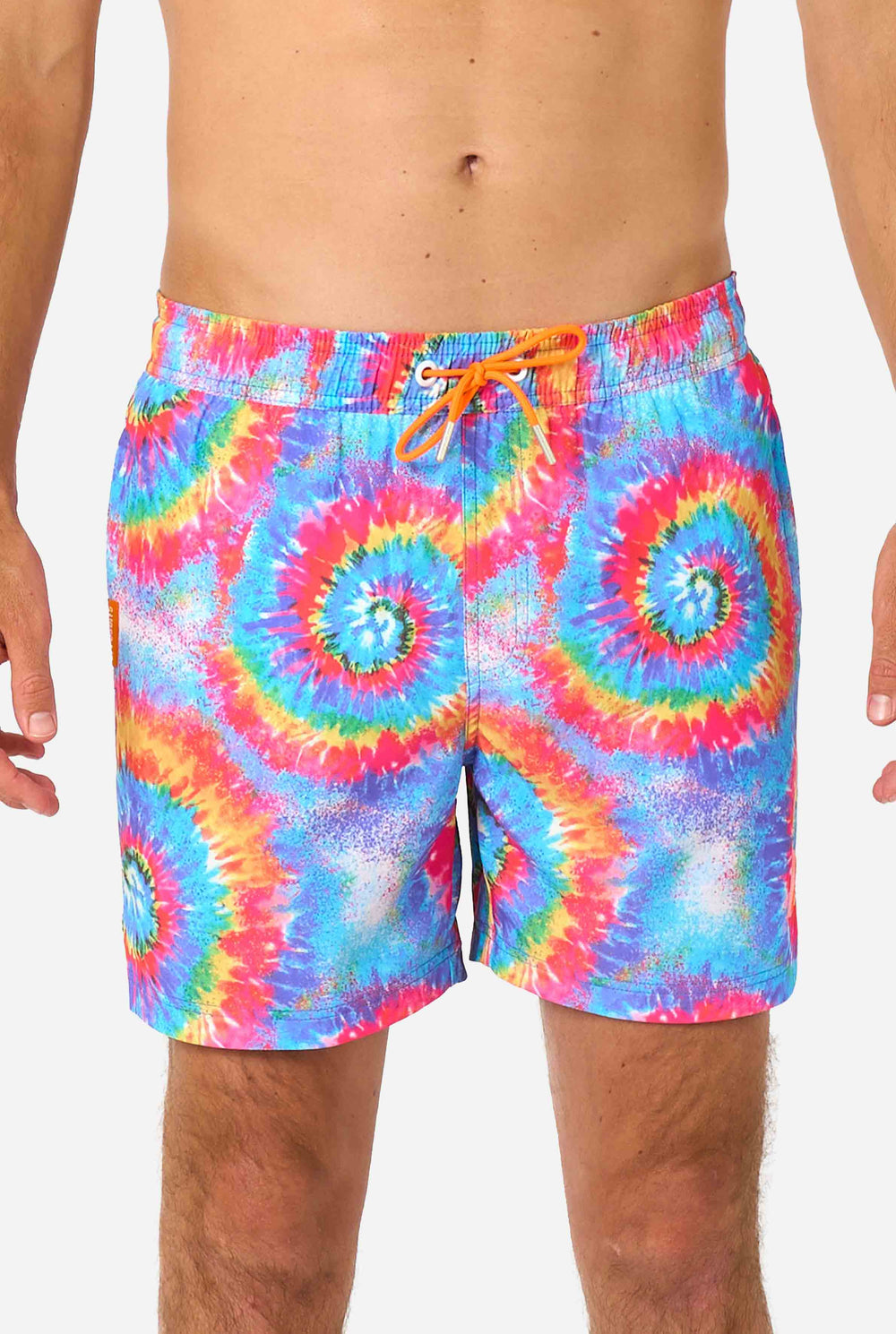 Tie-dye swim shorts with a colorful spiral pattern on a white background
