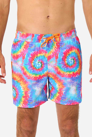 Tie-dye swim shorts with a colorful spiral pattern on a white background