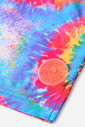 Colorful tie-dye fabric with a circular logo in the center