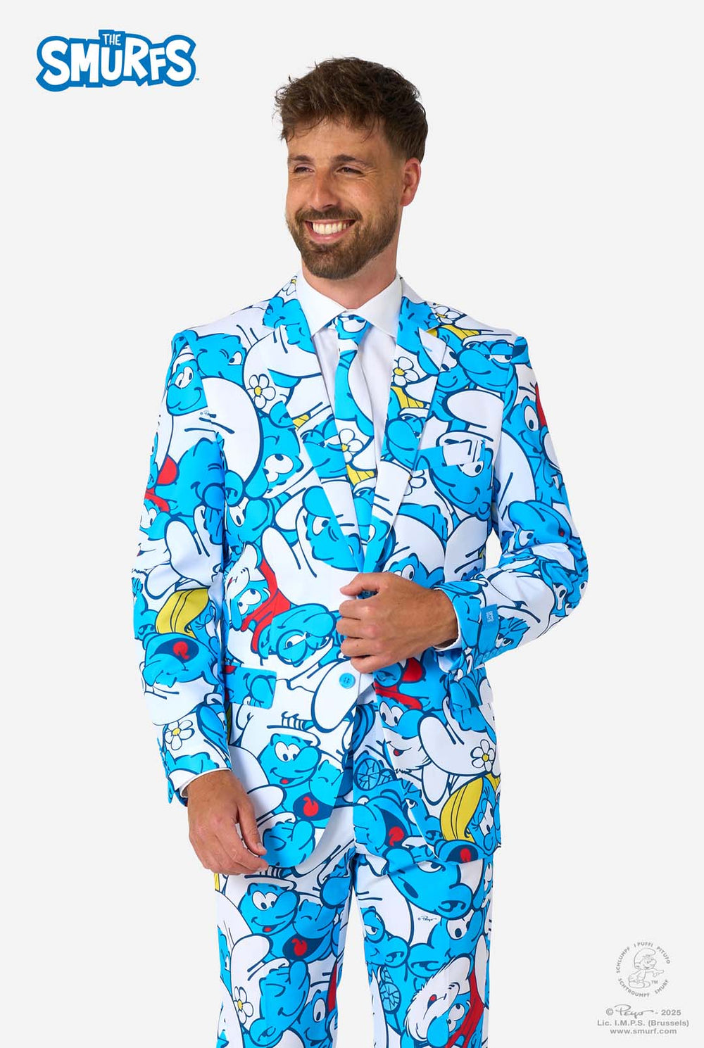 Man wearing a Smurfs-themed suit on a white background