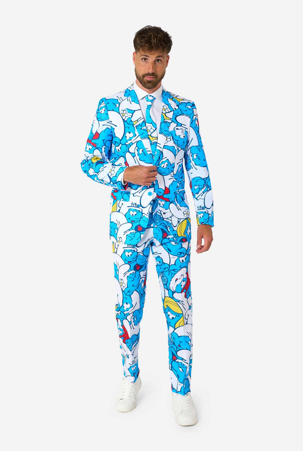 Man wearing a colorful Smurf-themed suit on a white background