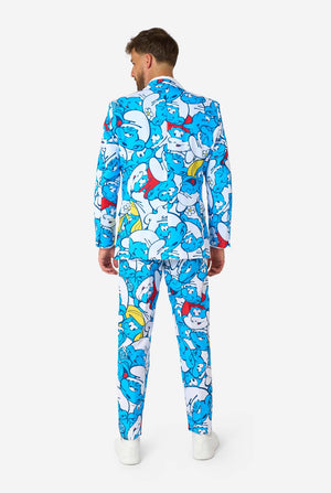 Person wearing a colorful Smurf-themed suit on a white background. View from the back