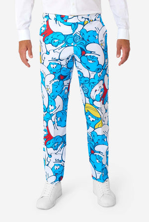 Person wearing blue pants with Smurf character pattern on a white background