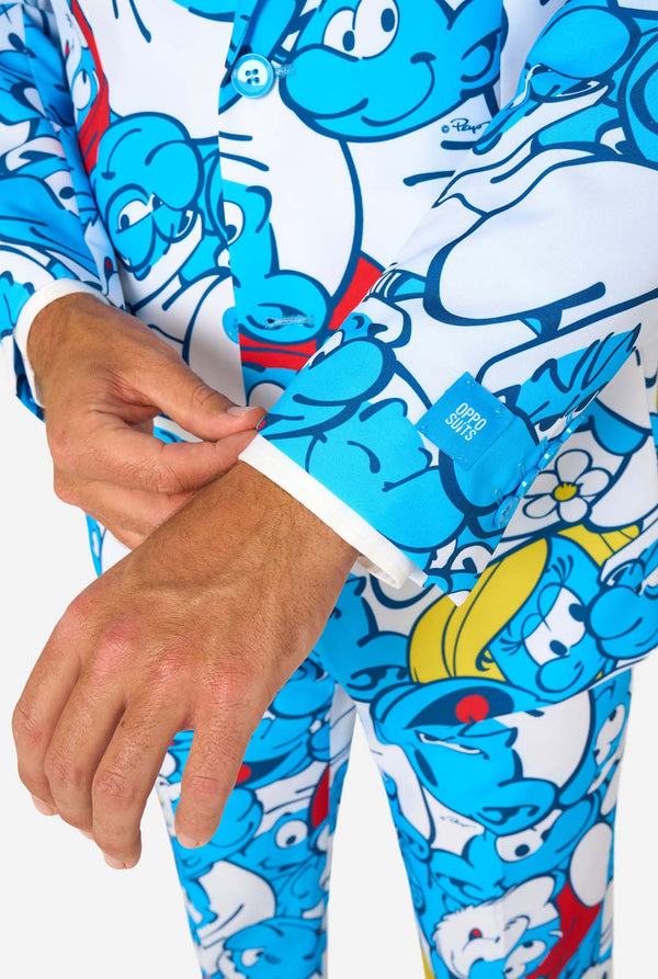 Close-up of a person wearing a Smurf-themed suit with a hand adjusting the sleeve.