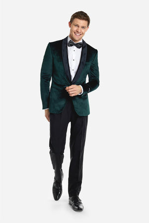 Man wearing dark green dinner jacket blazer