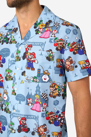 Short-sleeve shirt with Mario Kart character print on a light blue background