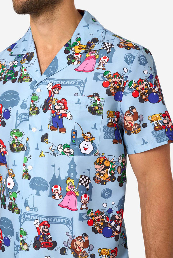 Short-sleeve shirt with Mario Kart character print on a light blue background