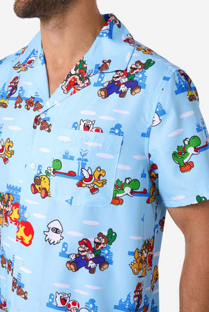 Shirt with Super Mario character print on a light blue background