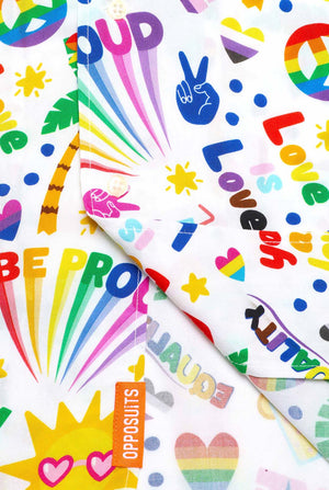 Image of a white Hawaiian shirt with a rainbow pride print, Print consists of peace symbols, hearts and other icons, Showing the bottom part of the shirt.