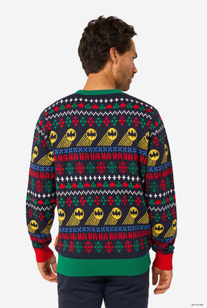 Man wearing a colorful Christmas sweater with Batman character design on a white background. View from the back
