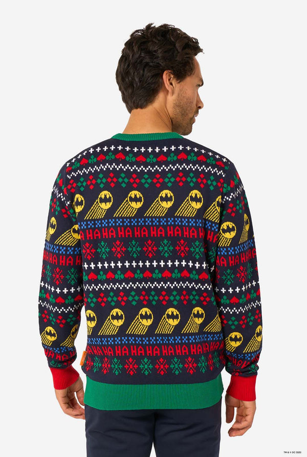 Man wearing a colorful Christmas sweater with Batman character design on a white background. View from the back