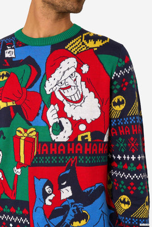 Colorful Christmas-themed sweater with Santa Claus and Batman design.